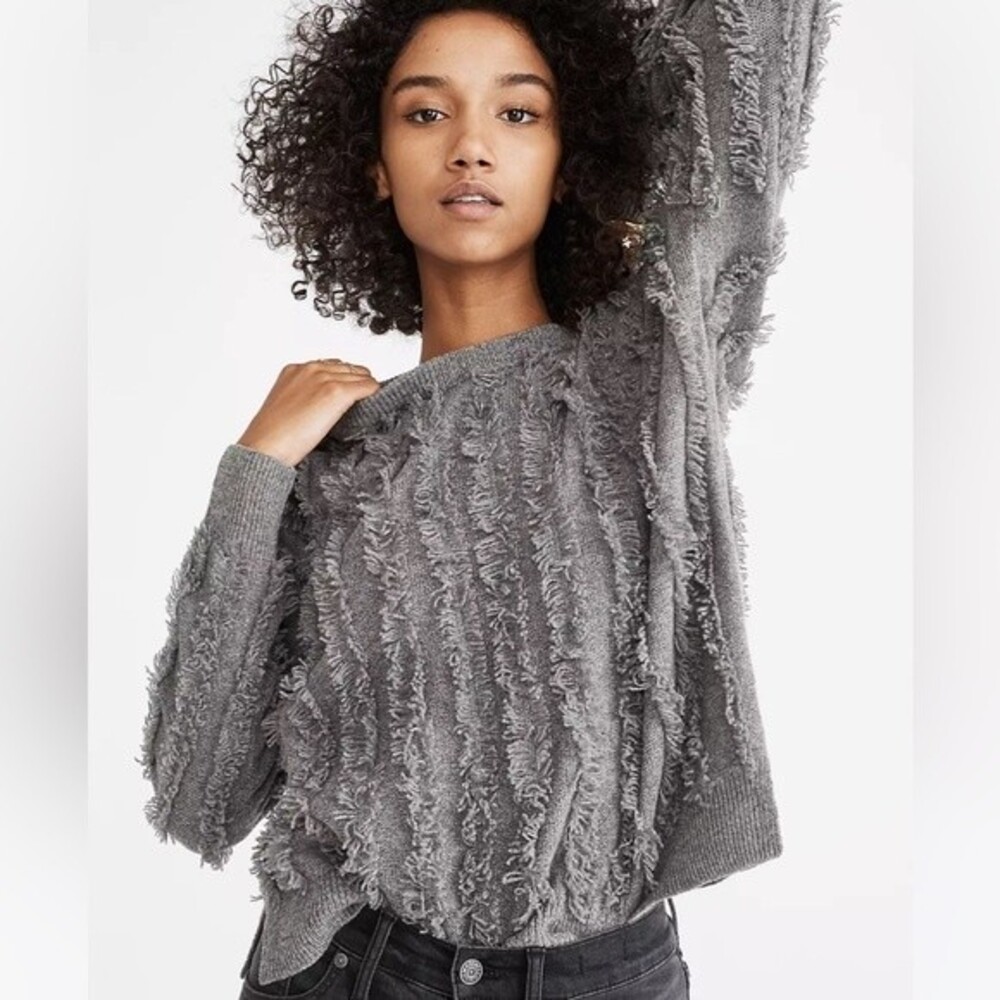 Madewell Fringe-Stripe Pullover 100% Merino Wool Gray Sweater Size XXS